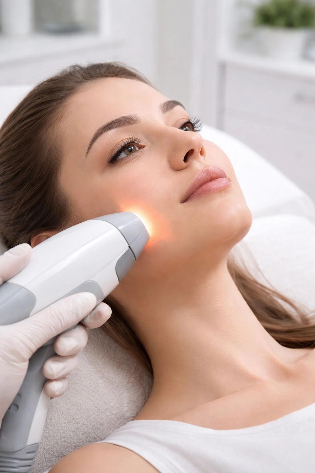 Clinical close-up of laser device performing facial treatment in clinic