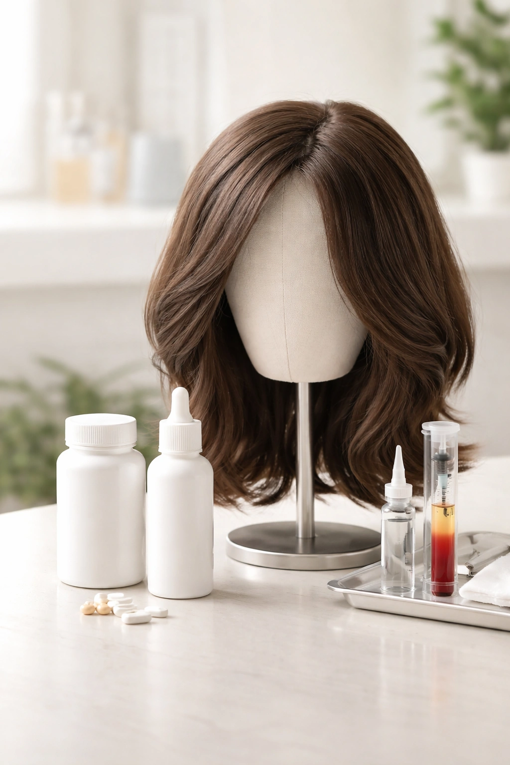 Wig on stand with unlabelled medicine bottle and topical treatment container