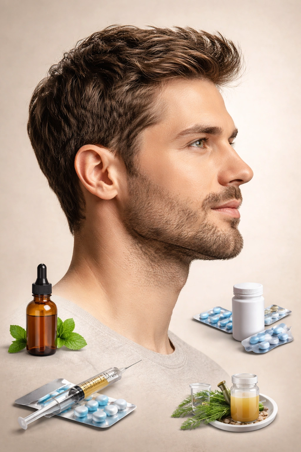 Profile portrait showing balanced hair density indicating non-surgical hair loss options
