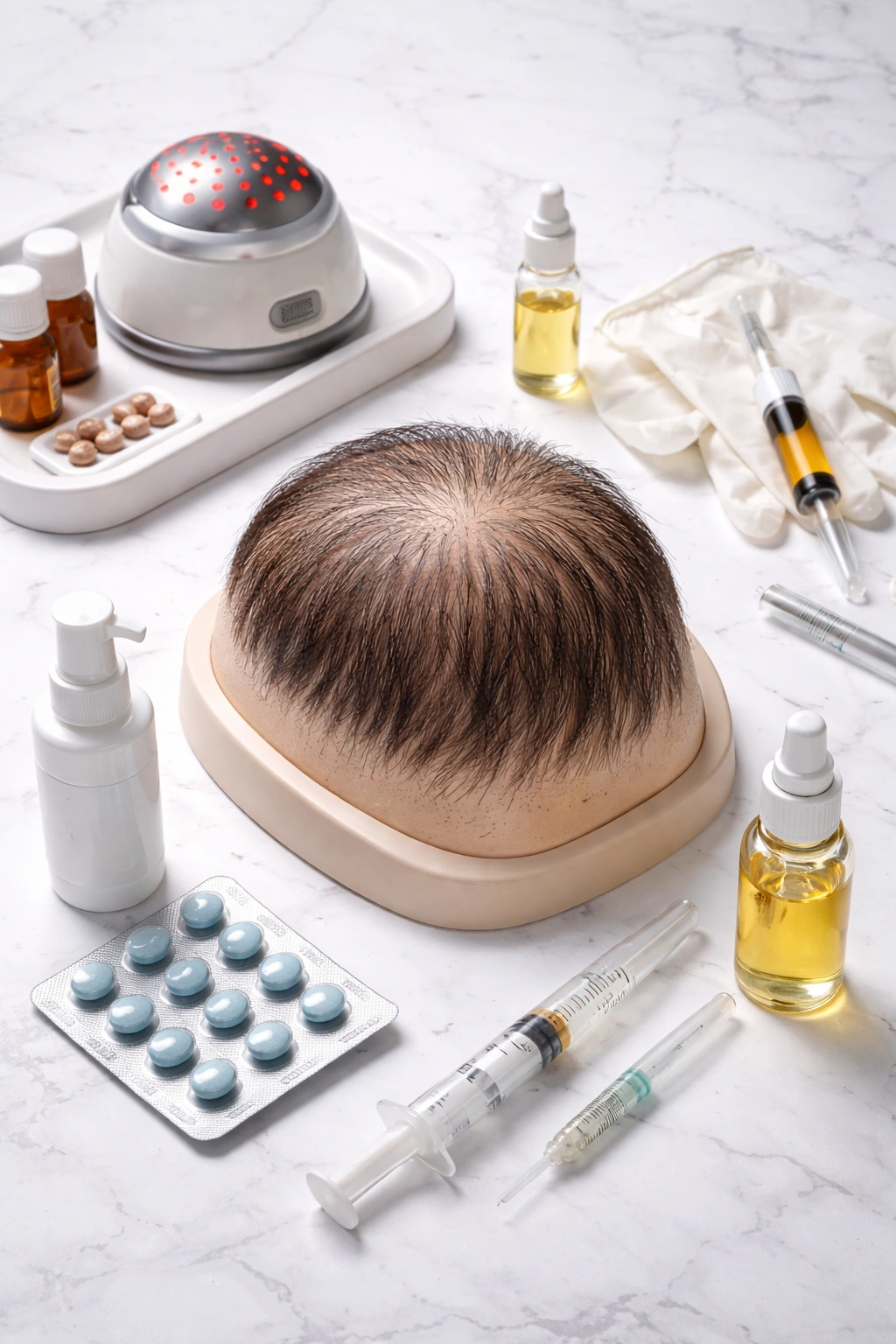 Scalp-focused still life with non-surgical hair treatment devices around a scalp model