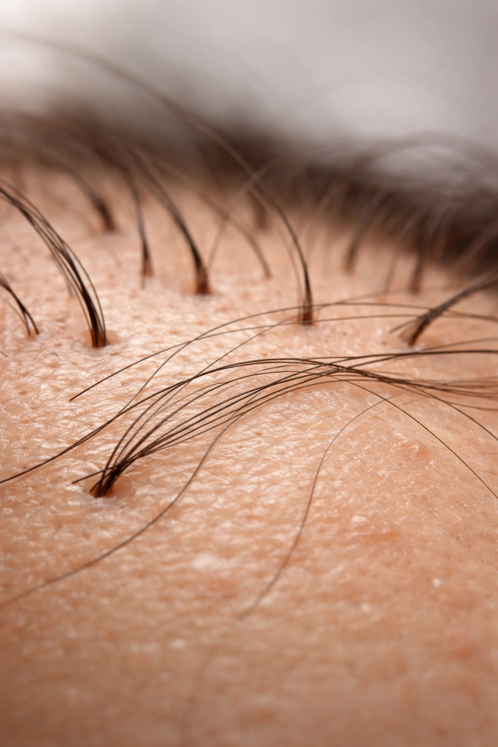 Close-up of a scalp with a few loose hairs illustrating normal hair loss