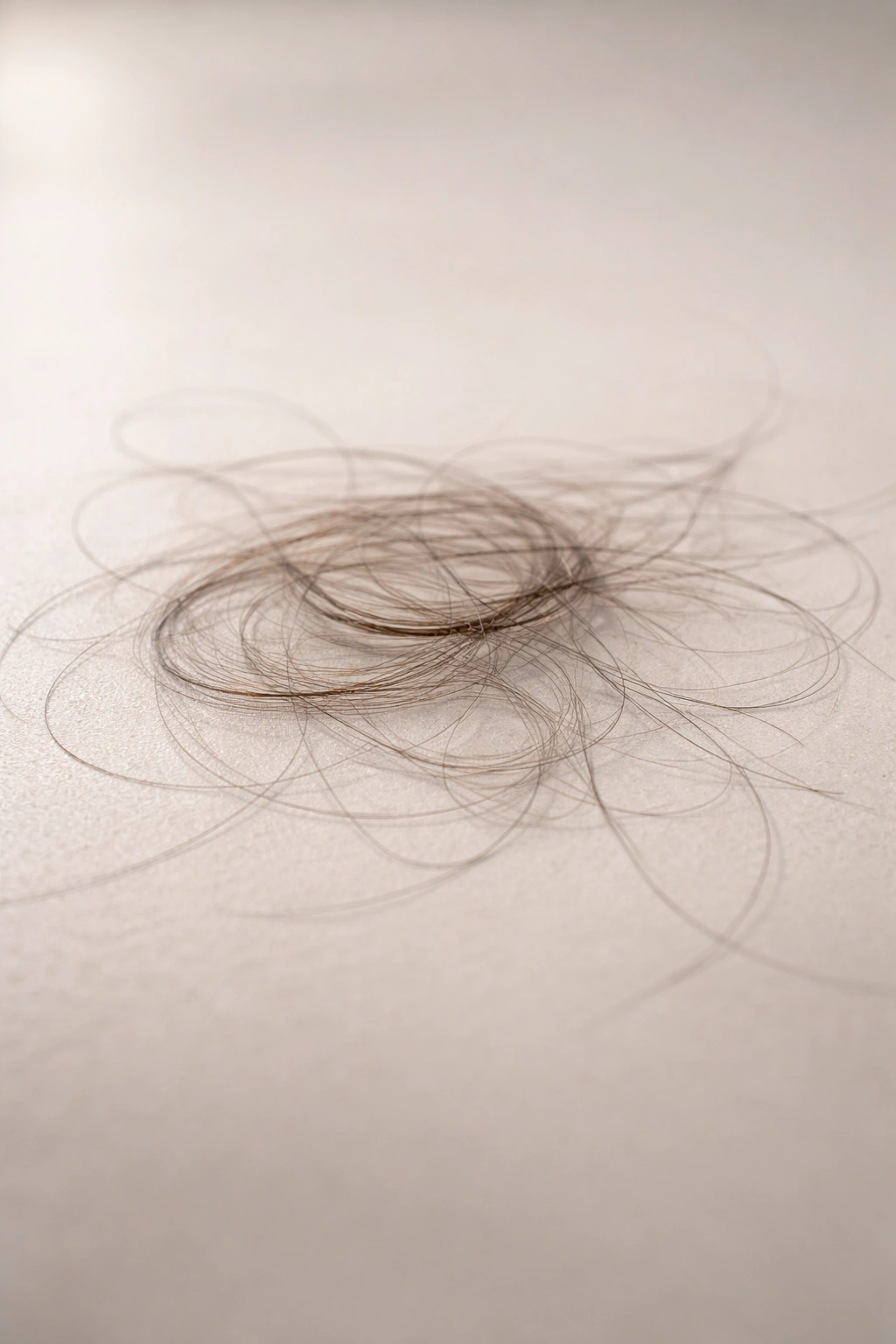 Group of loose hair strands on a plain surface suggesting normal shedding