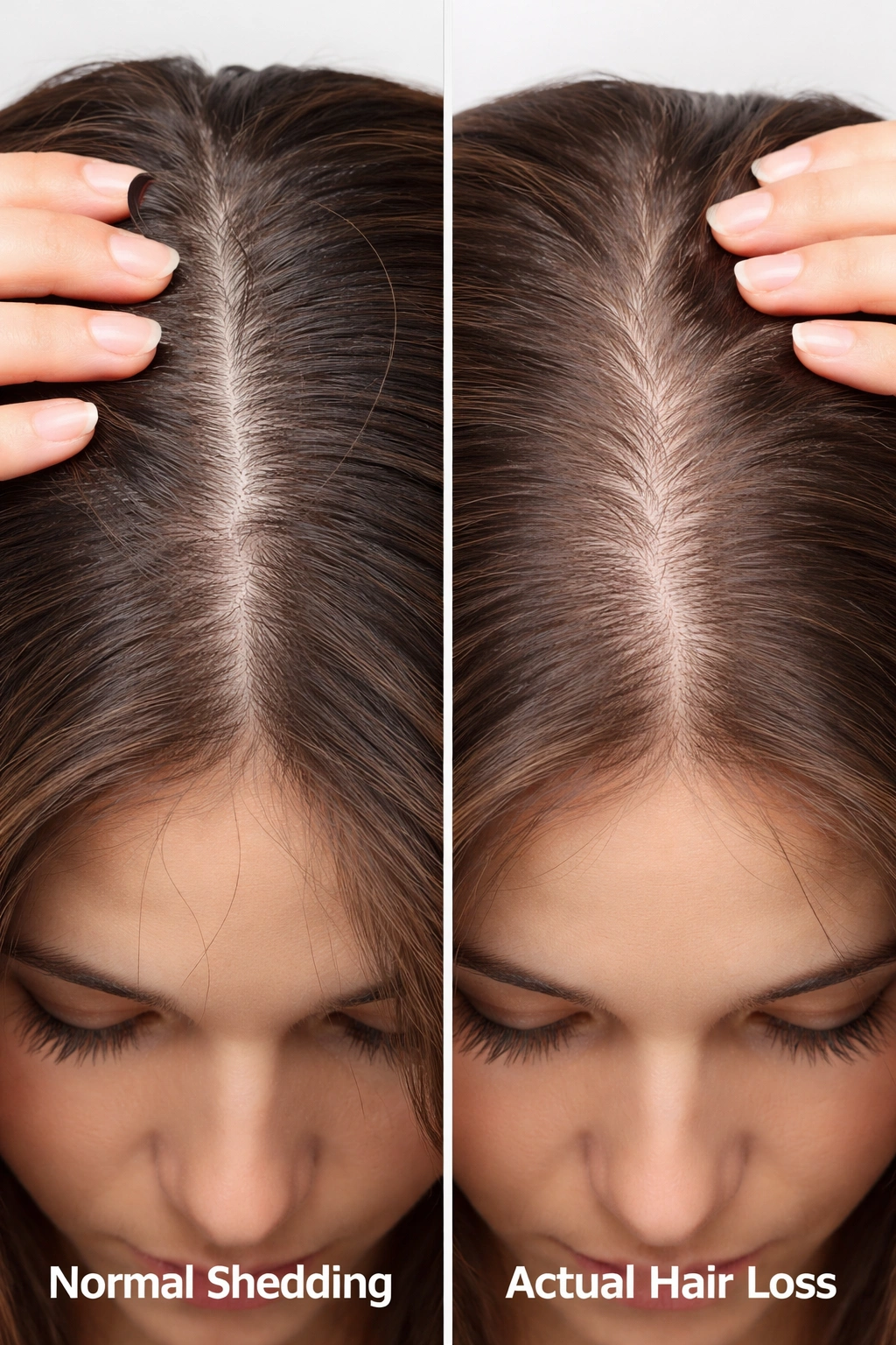 Split-screen scalp close-ups showing normal shedding versus thinning