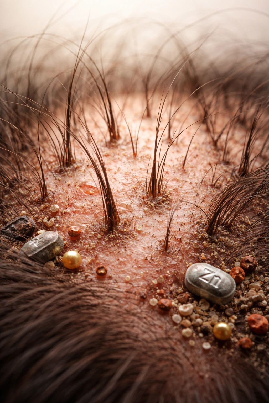 Scalp close-up with sparse hair indicating nutrient deficiencies affecting growth