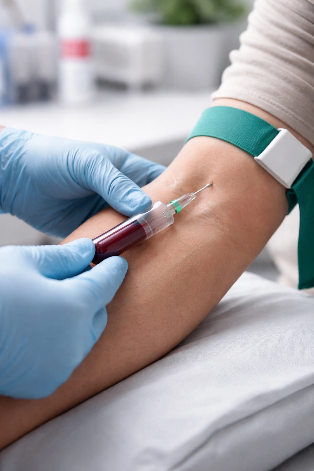 Close-up of phlebotomist drawing blood for nutrient level testing