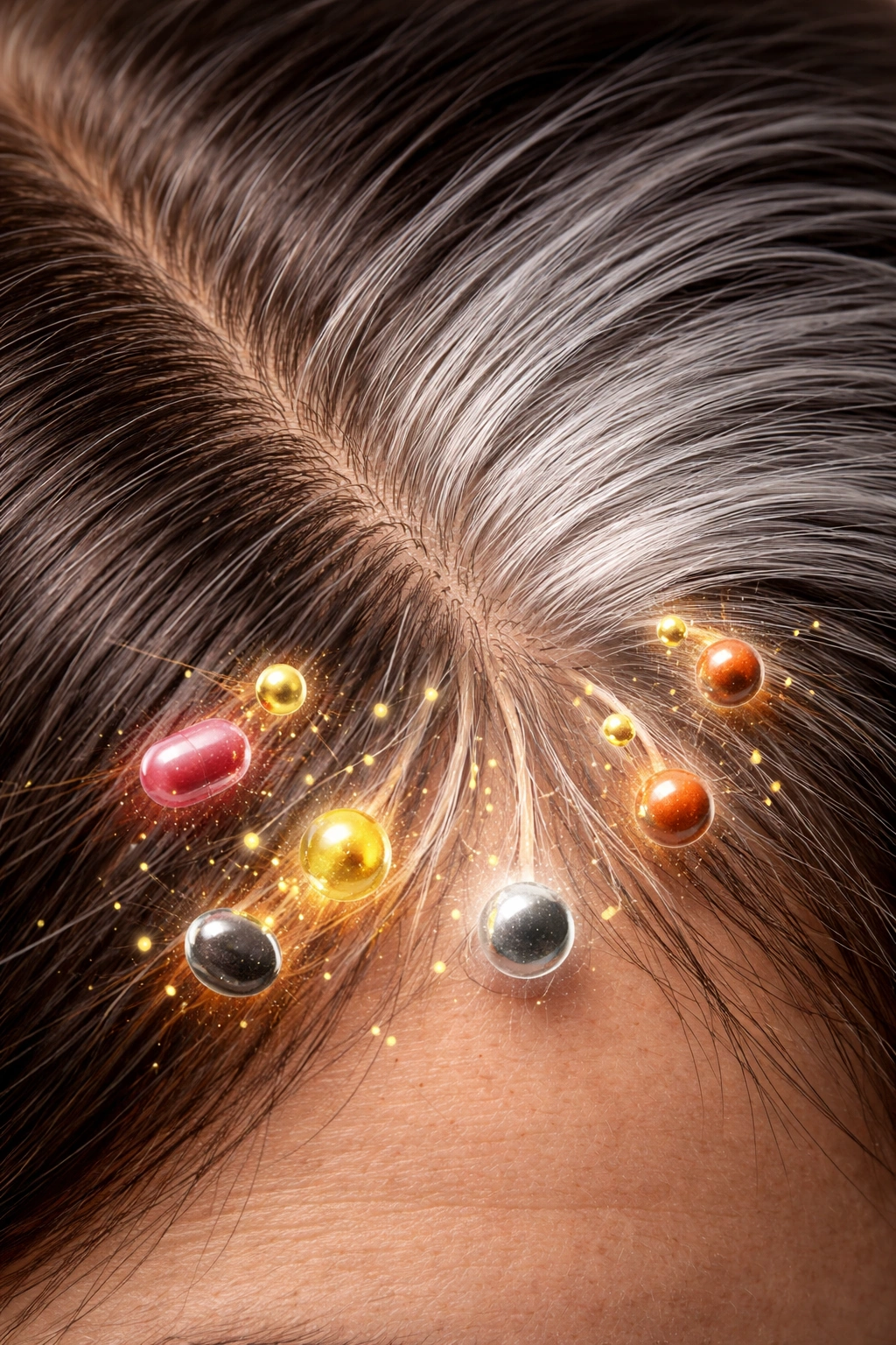 Scalp close-up showing gray hair linked to nutritional deficiencies