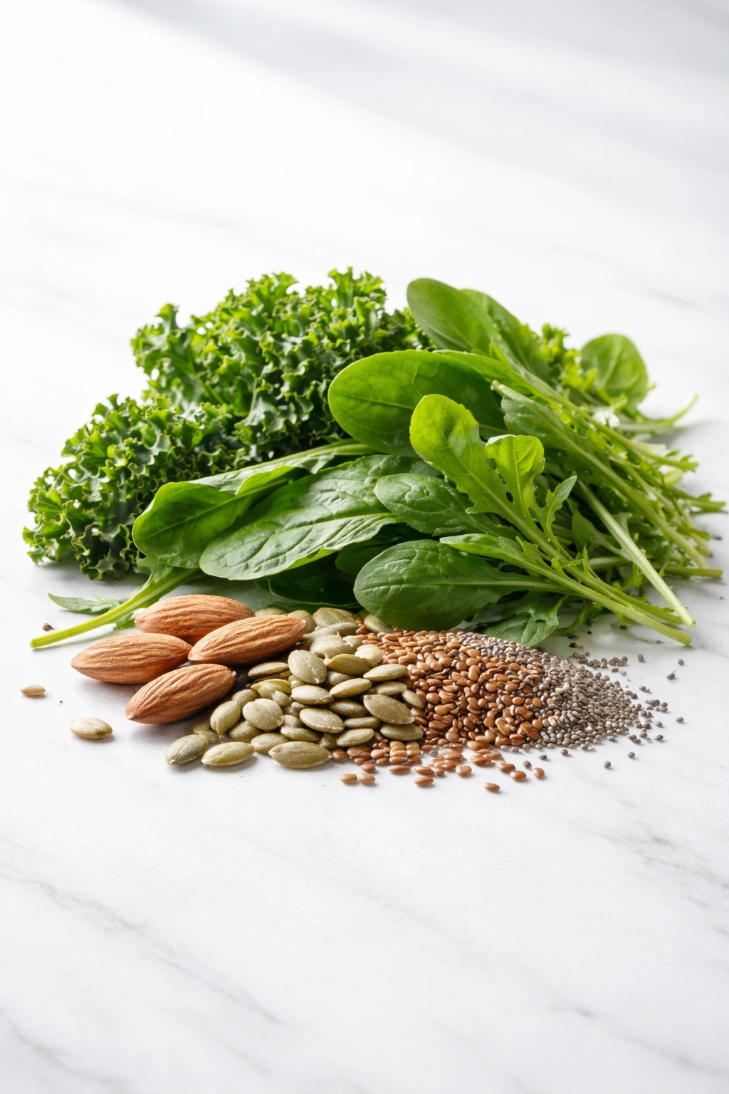 Leafy greens and seeds illustrating nutrition’s role in hair growth