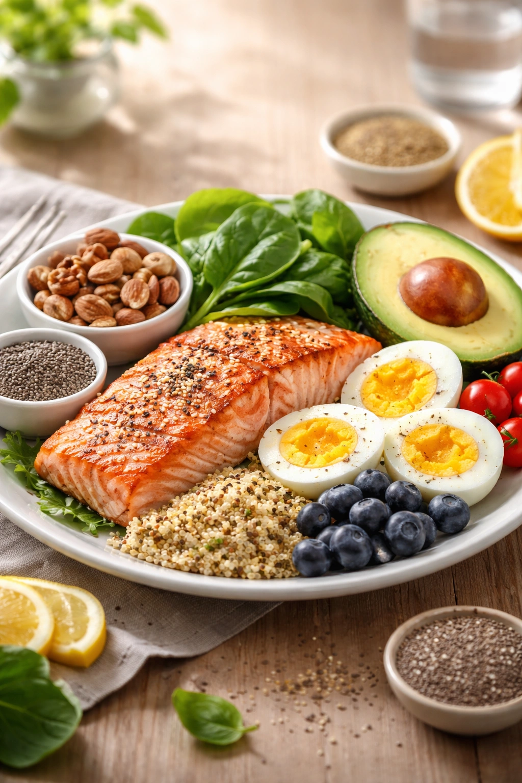 Plate of salmon eggs greens symbolizing nutrition for hair health