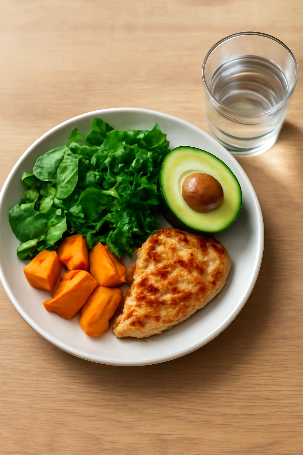 10 Natural Hair Growth Tips From Women Who Made It 8 Top-down view of a balanced plate with protein, greens, fats and a glass of water