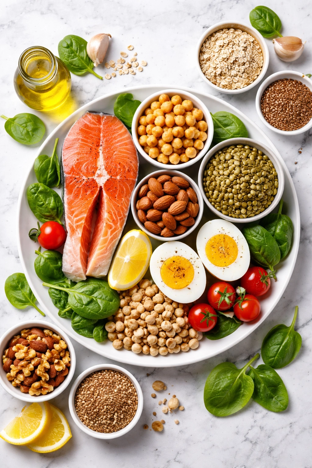 Plate with protein rich foods representing hair nutrition: salmon, eggs, and lentils.