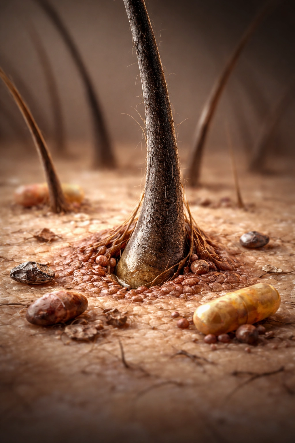 Hair follicle with sparse surrounding scalp indicating nutrient deficiency.