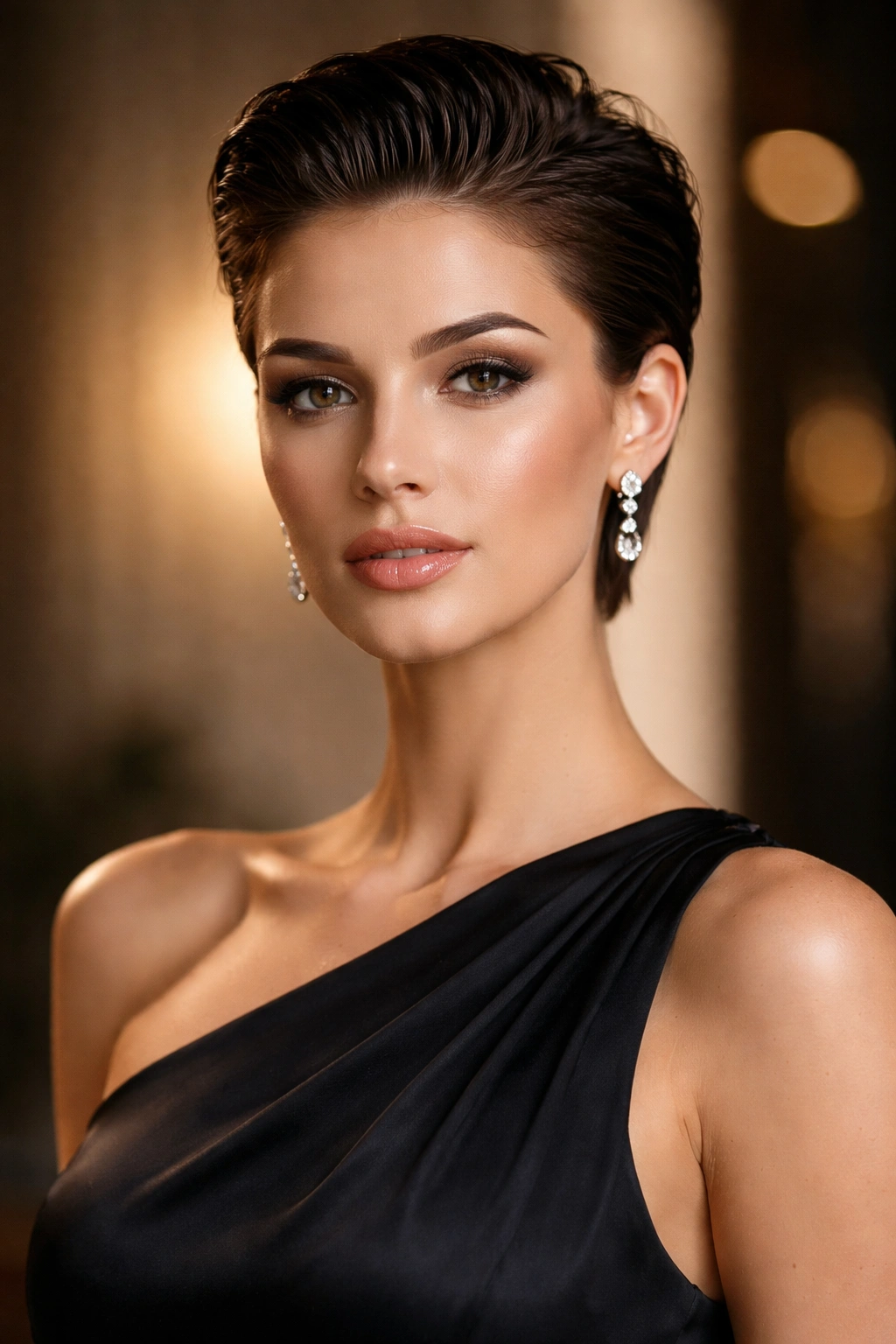 Portrait of a person with a slicked-back short hairstyle in dressy attire