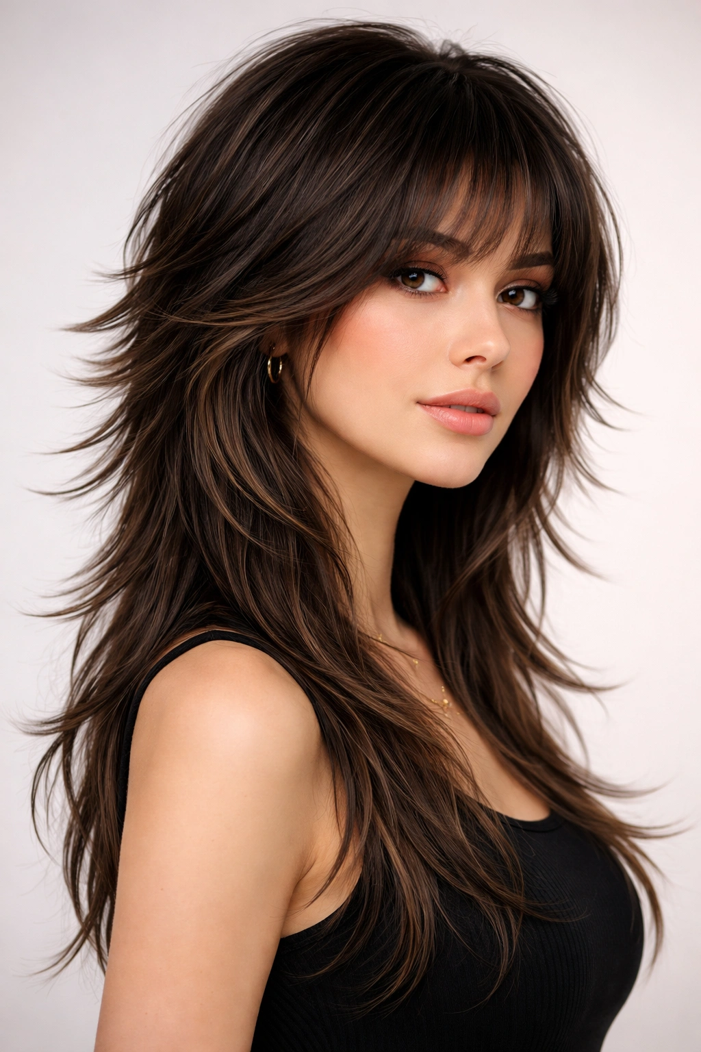 Close-up of classic octopus cut with choppy layers showing distinct layered texture on medium-to-long hair