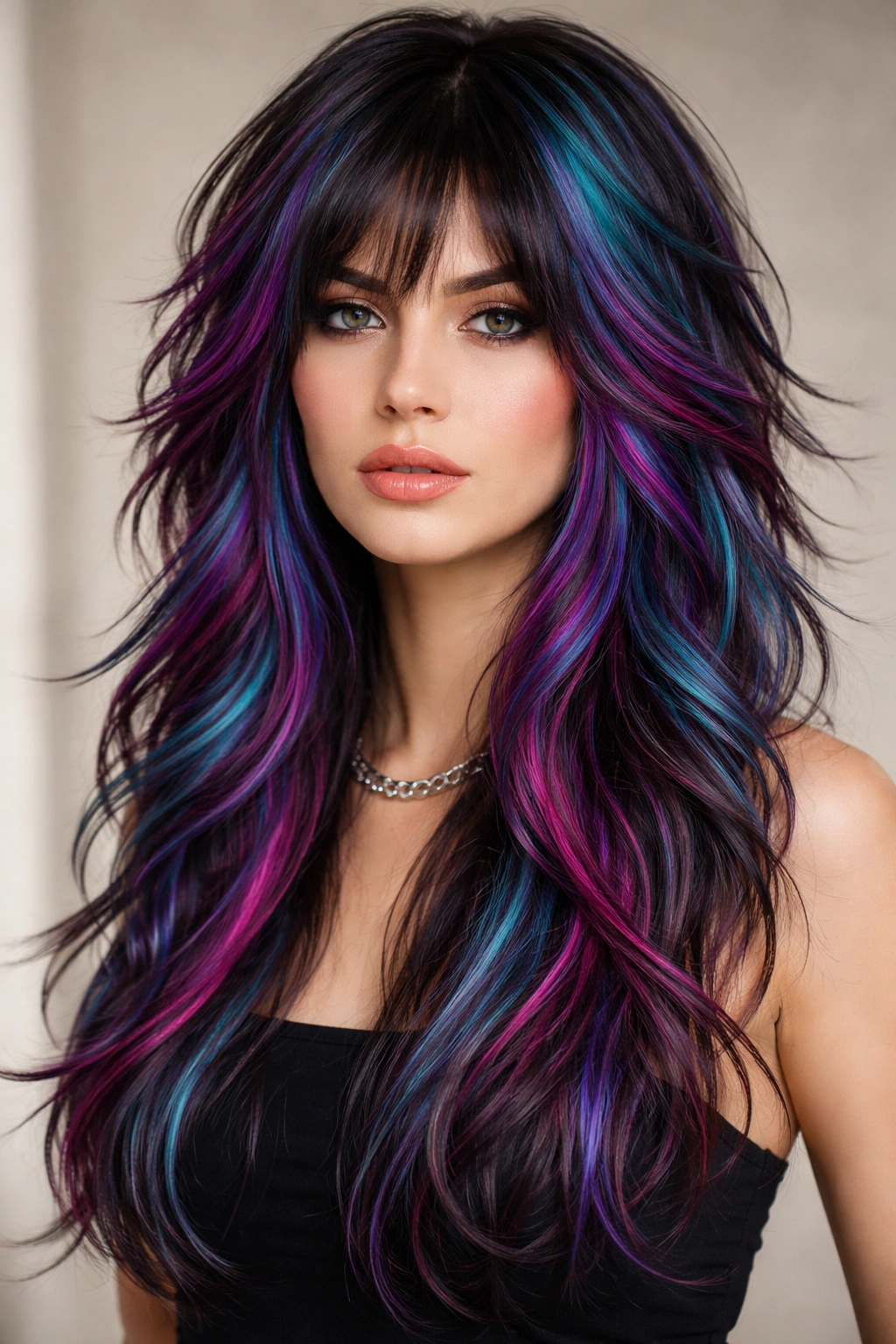 8 Octopus Haircuts For Medium And Long Hair 7 Close-up of octopus haircut with colored strands showing dimensional layers and vibrant accents