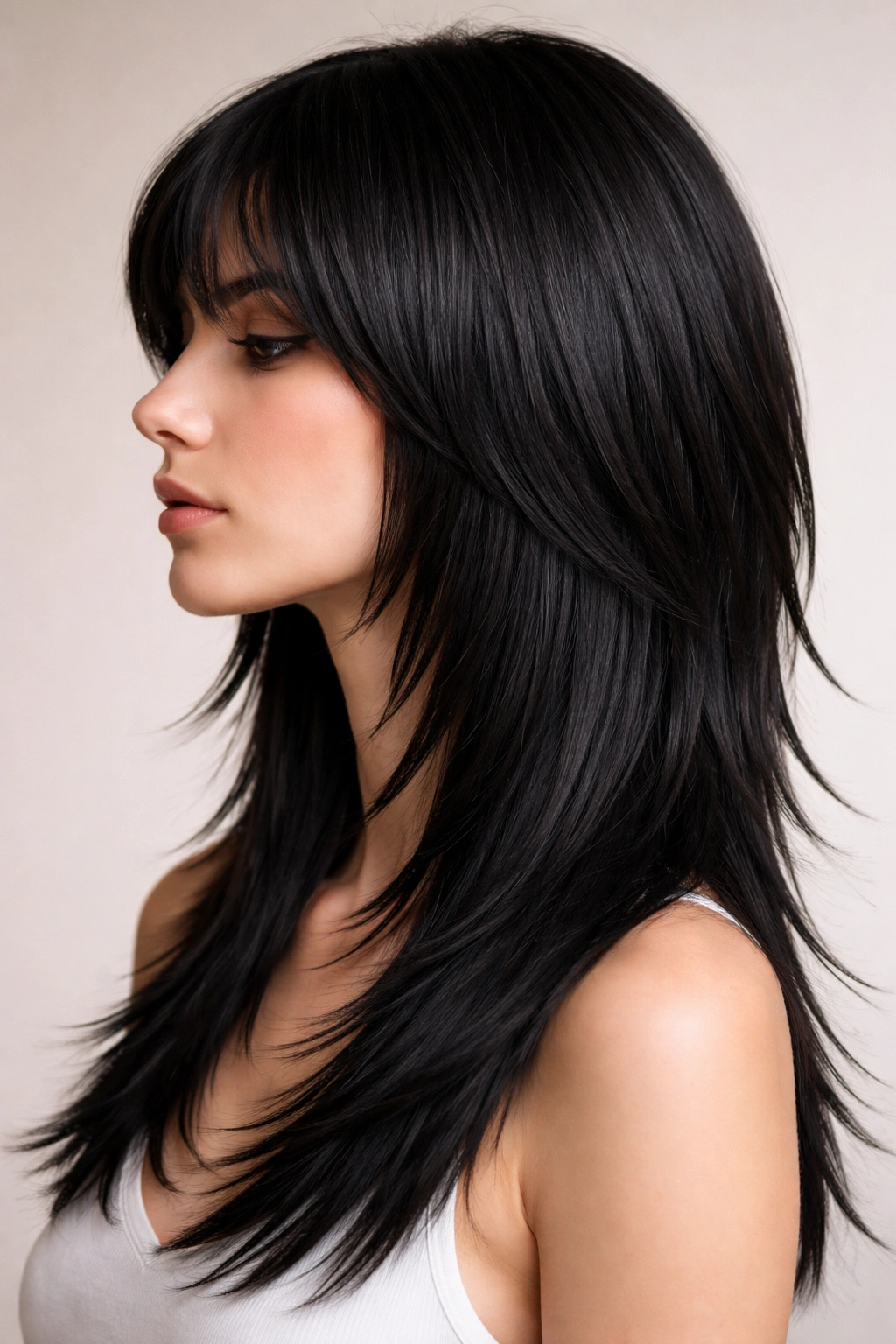 Close-up of a head with a sleek octopus haircut featuring blunt straight layers and high shine
