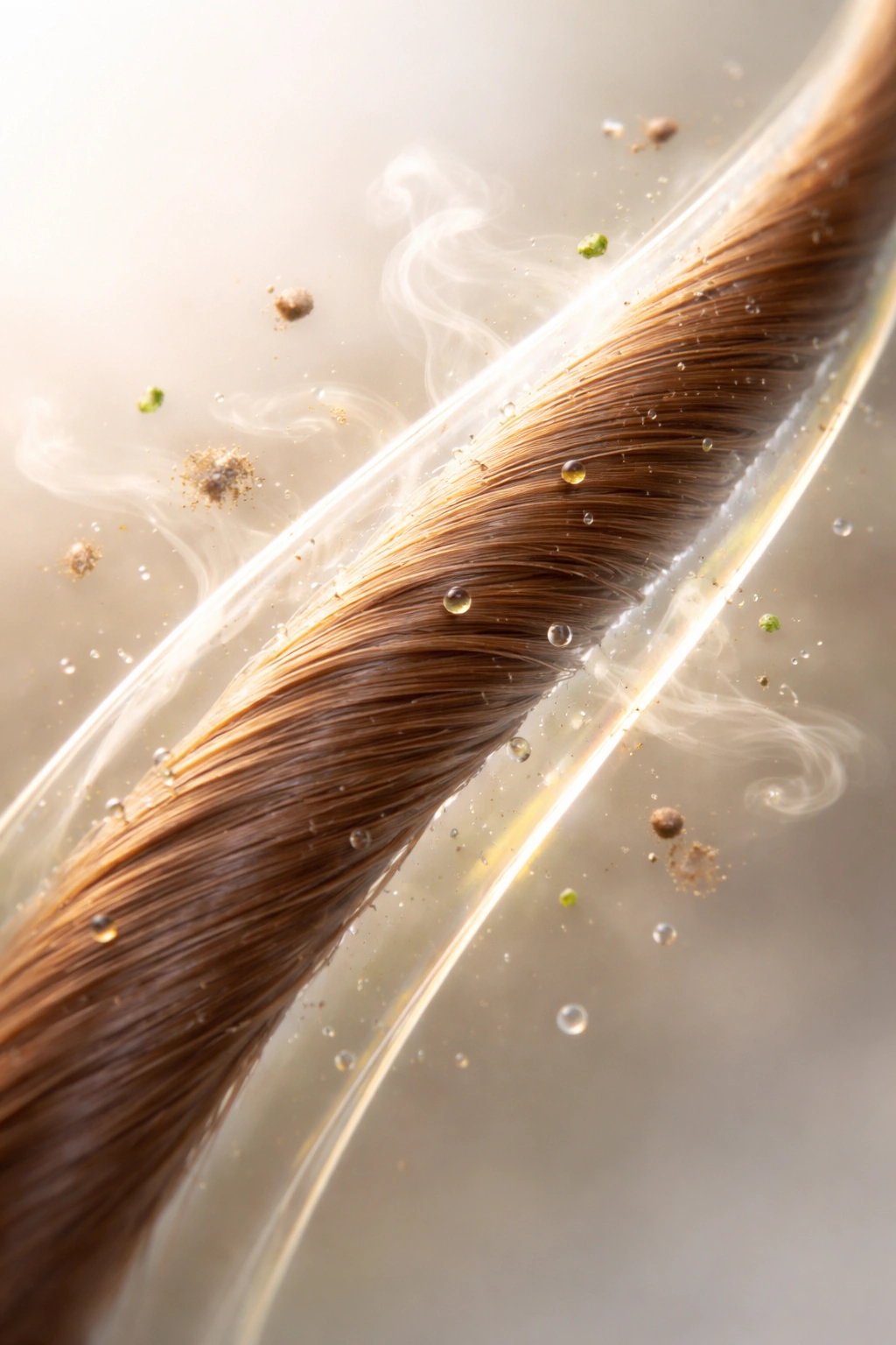 Single hair strand with a subtle protective barrier against odors.