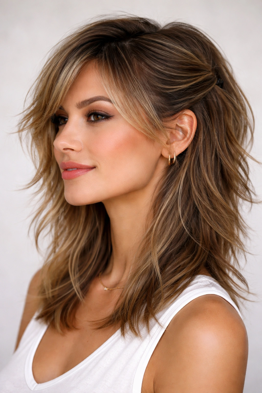 Shag hairstyle with bangs tucked off the face, showing off the layered cut