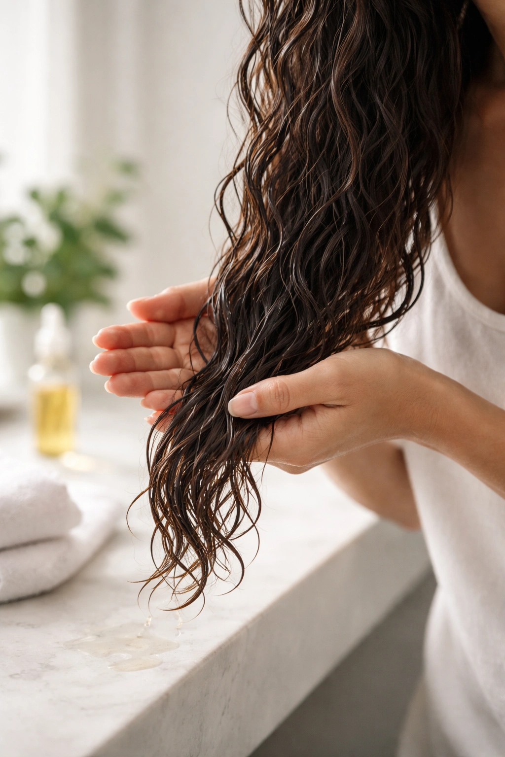 Hands applying a small amount of oil to damp hair mid-lengths