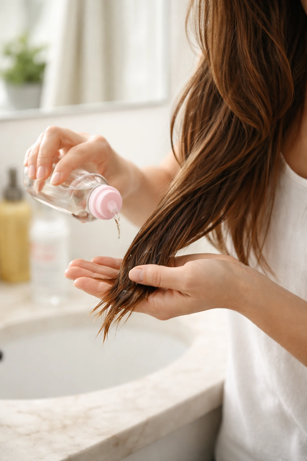 Hands applying a small amount of oil to hair strands to illustrate moderation