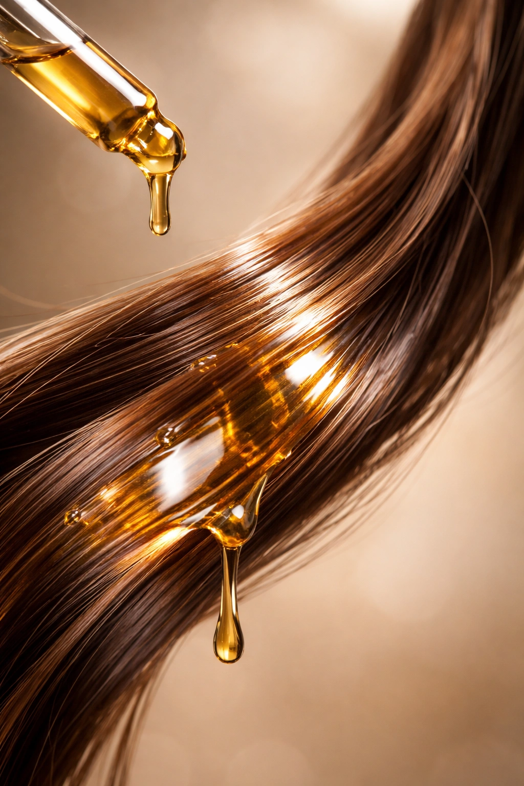 Hair strand with smooth oil coating mid-lengths and ends