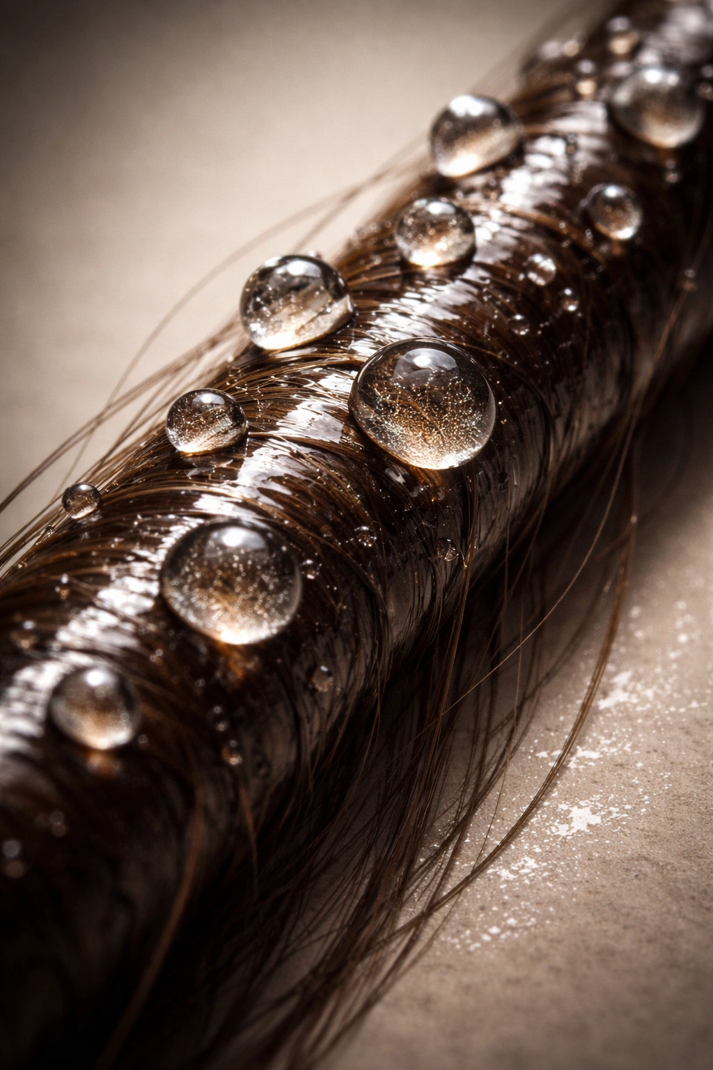 Hair strand with oil film and water droplets on surface illustrating moisture barrier