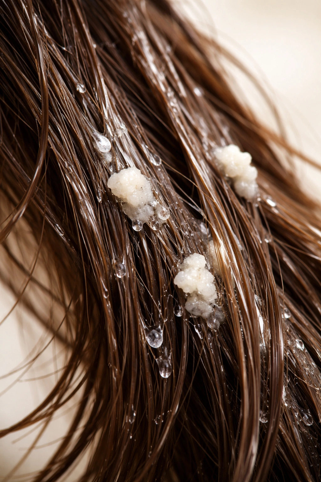 Hair strands coated in clear oil to loosen stubborn paint