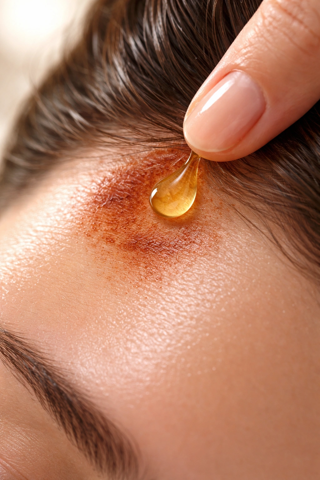 Finger applying oil to stained skin to lift dye
