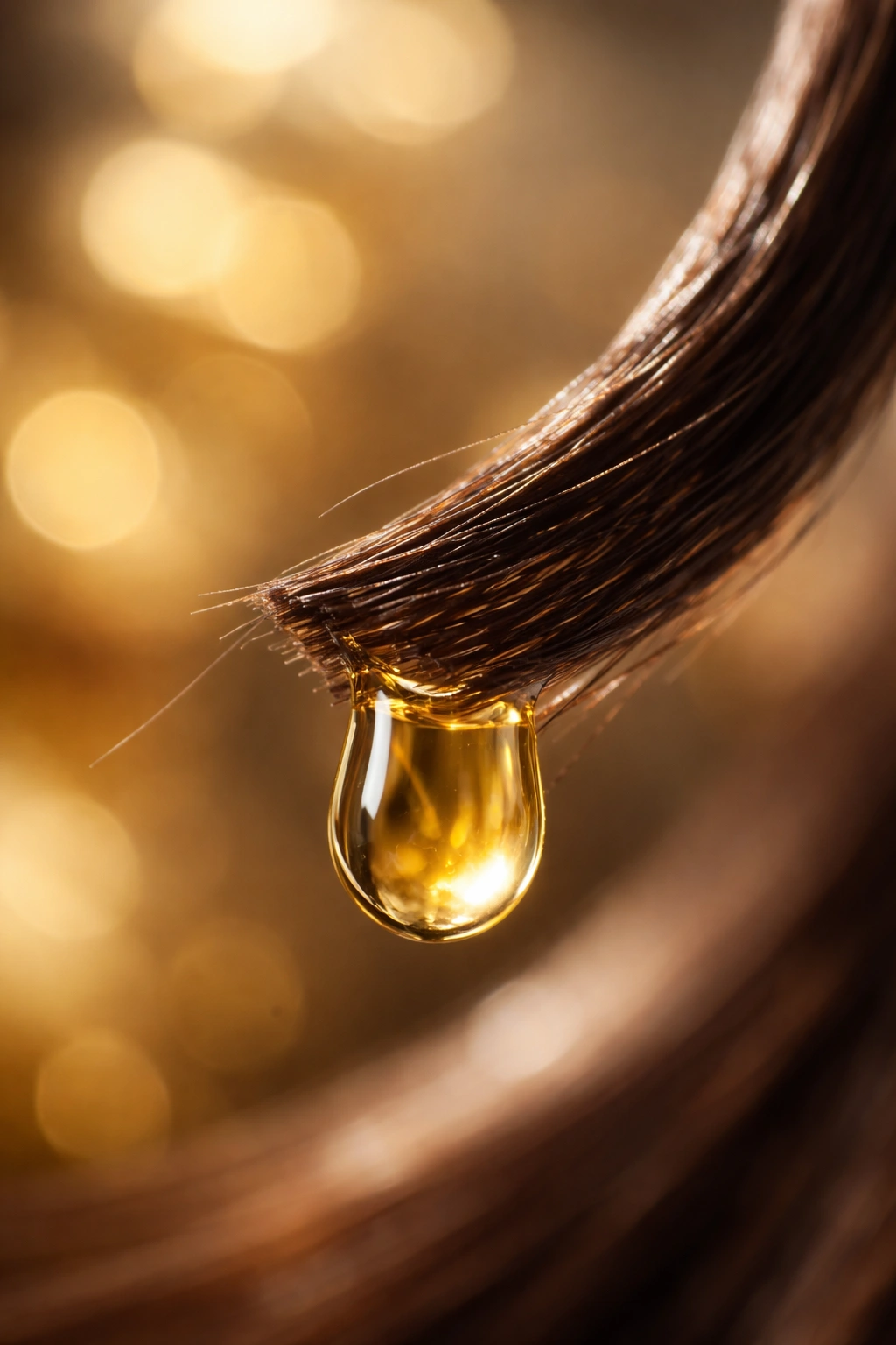 Hair strand with oil droplet on the tip