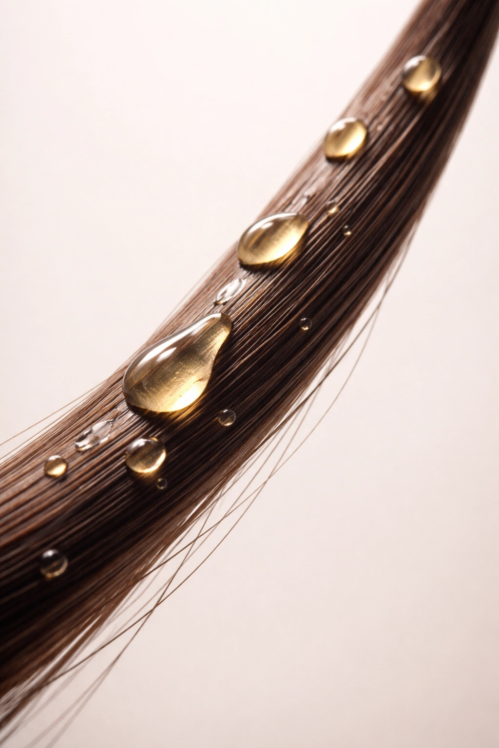 Hair strand with tiny oil droplets illustrating usage