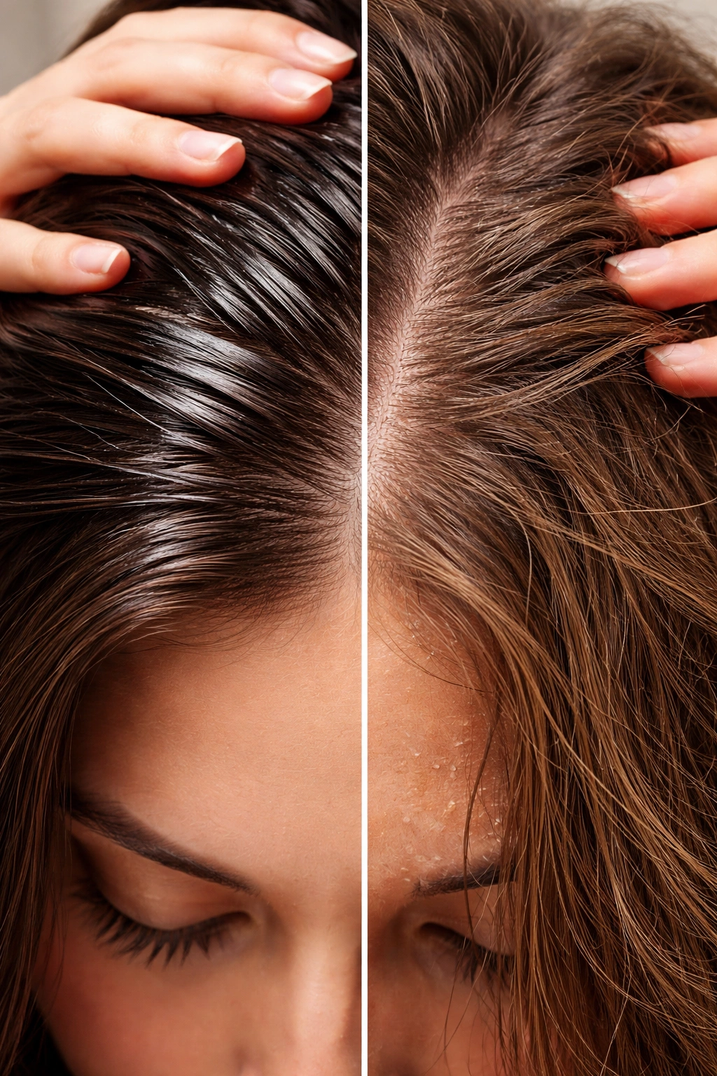 Split scalp showing oily vs dry hair indicates wrong oiling frequency