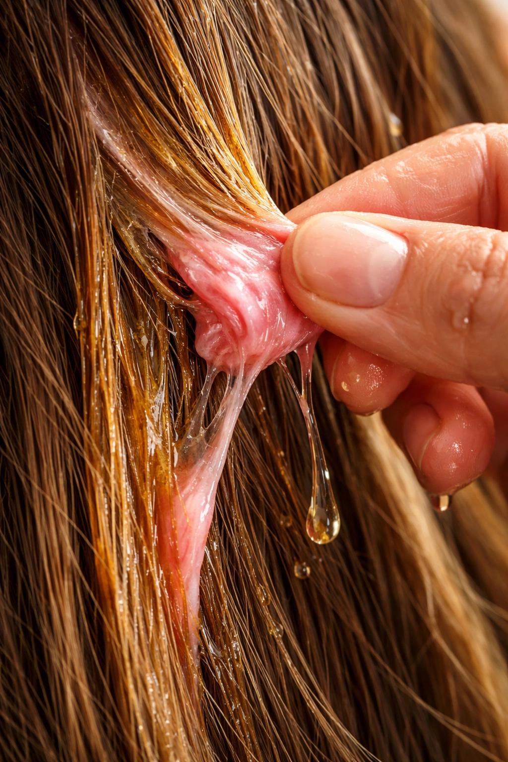 Hair section coated with oil loosening gum; close-up