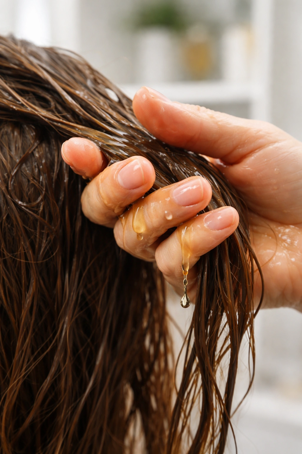 Hand with excess hair oil on fingers over greasy hair
