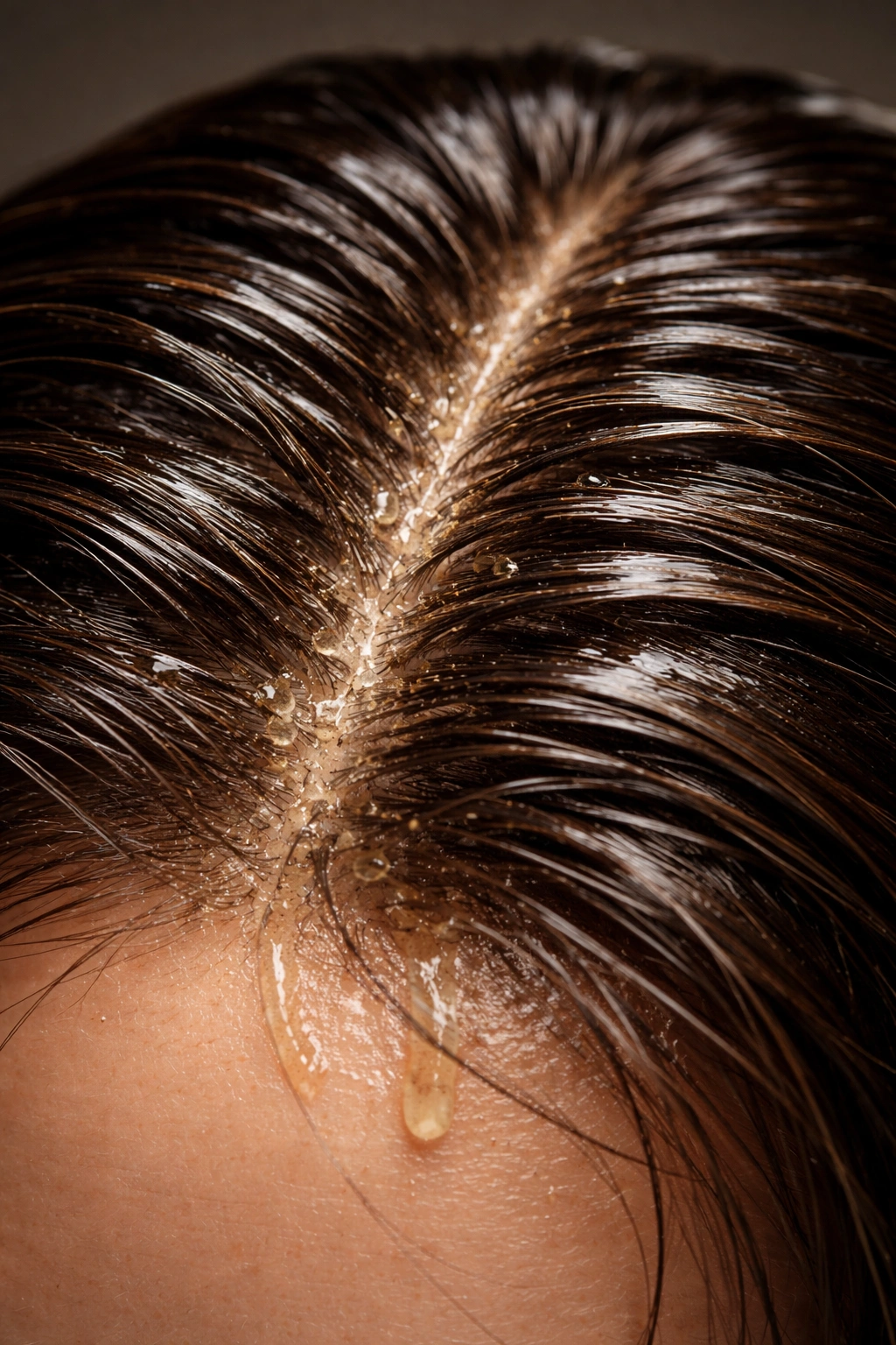 Close-up of greasy scalp and shiny hair roots showing oiling mistakes