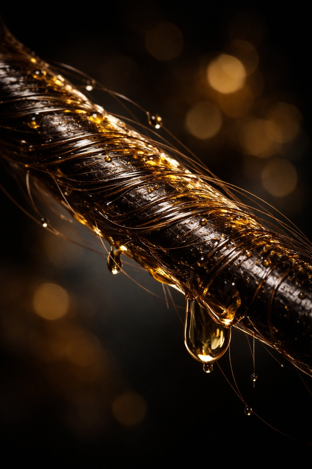 Hair strand with oily coating illustrating common mistakes in oil application for low porosity hair