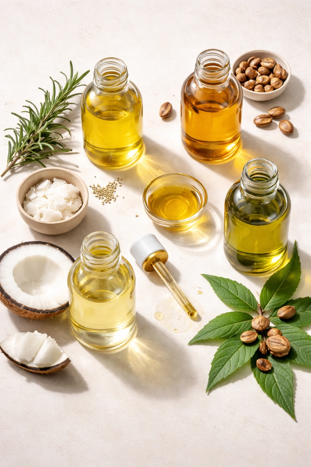Flat lay of oil bottles and dropper for hair oil routine