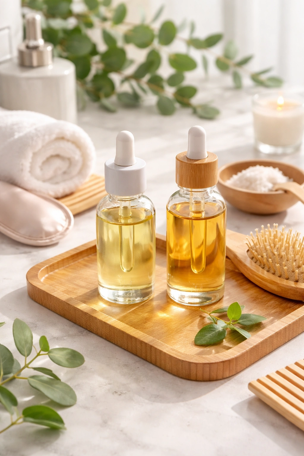 Two glass oil bottles on a clean vanity suggesting oiling schedule