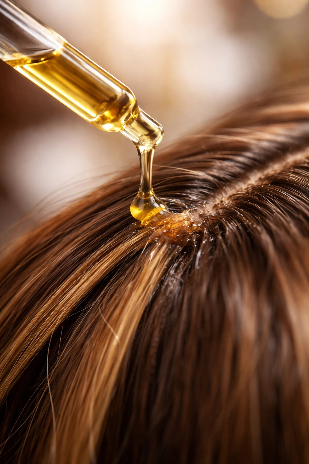 Hair strand coated with warm oil during gentle adhesive bond treatment.