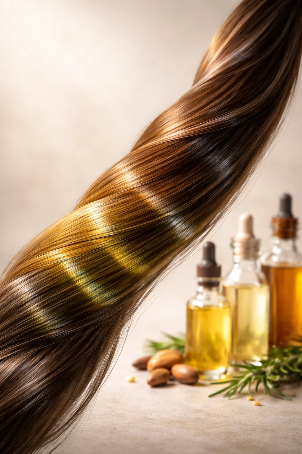 Hair strand with varying sheen to imply different oil types