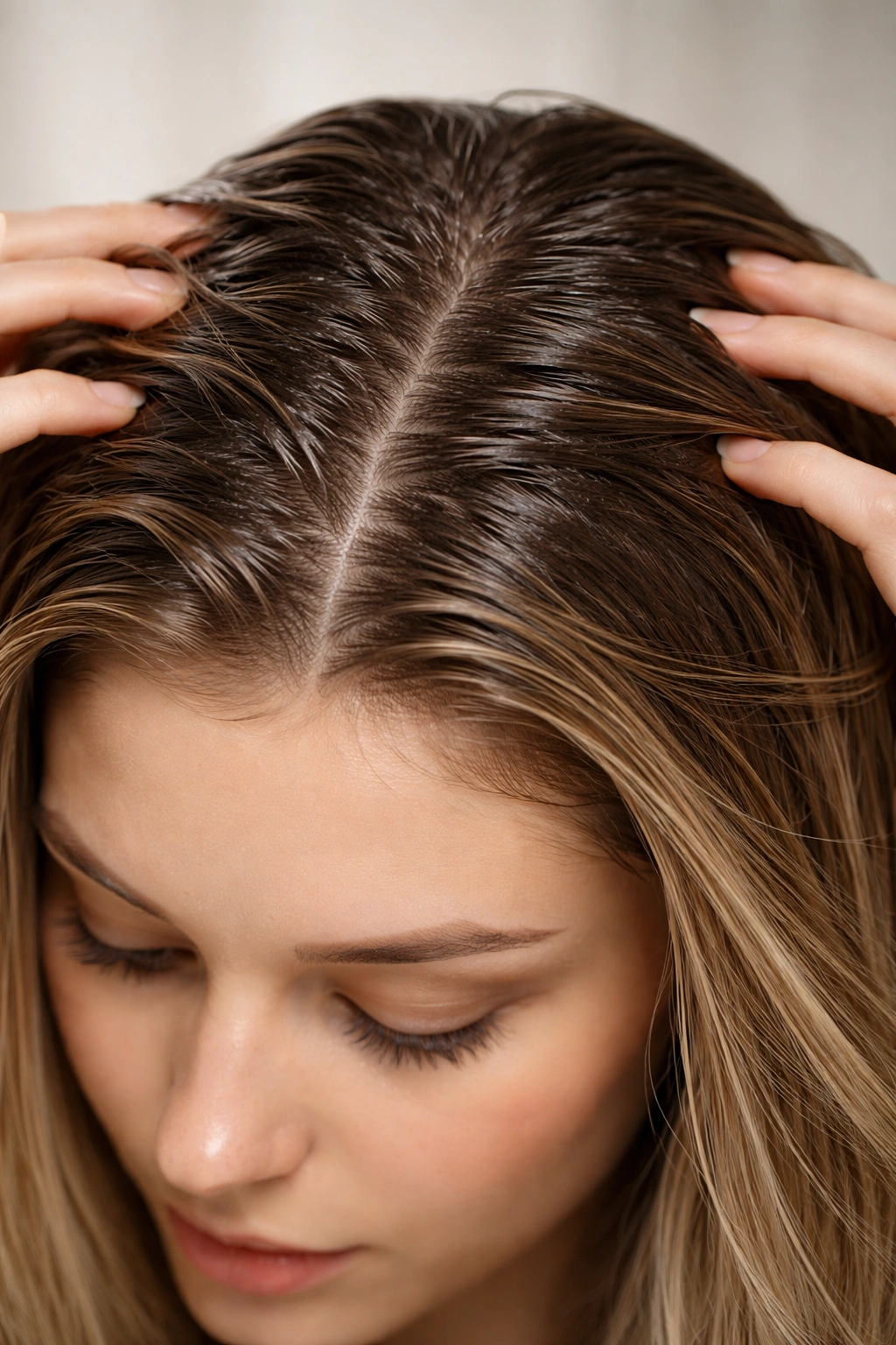 Oily scalp with shiny roots indicating need to wash early