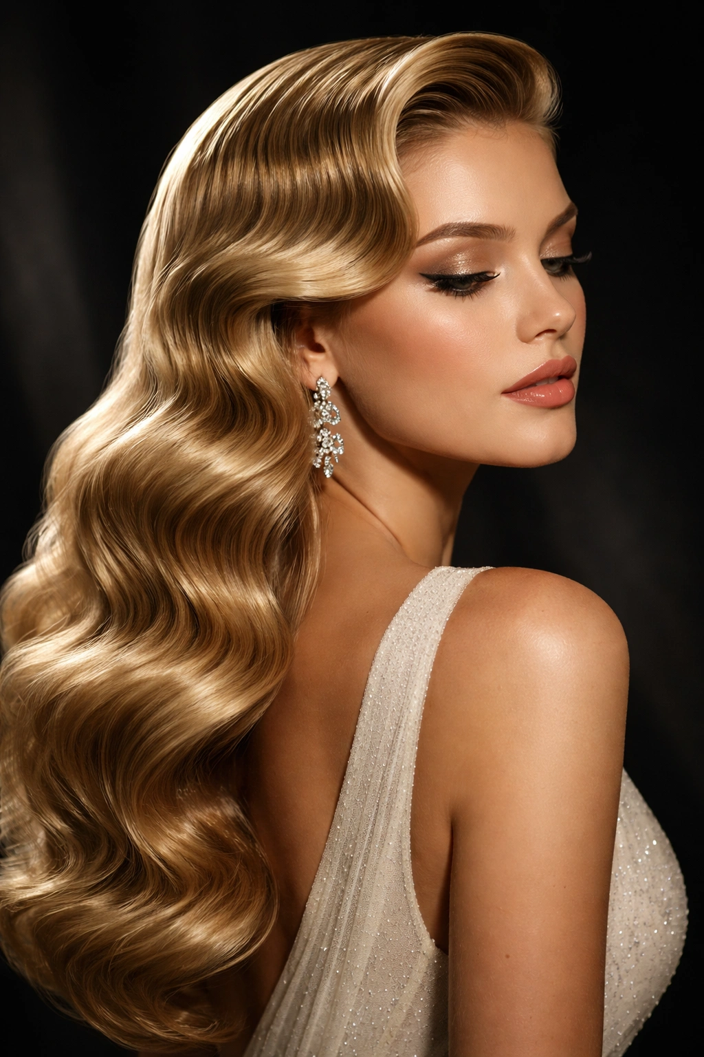 Close-up of sculpted Hollywood waves with deep finger waves and glossy shine