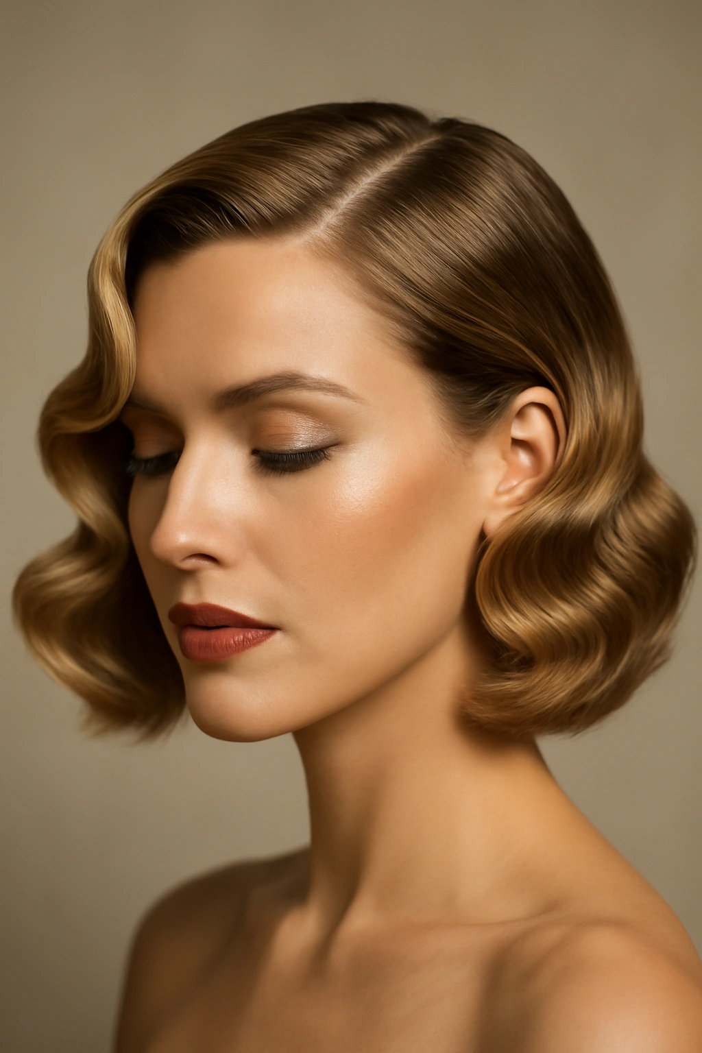 10 Wedding Hairstyles That Look Great on Bobs 7 Close-up of glossy Old Hollywood waves on a bob with a deep side part
