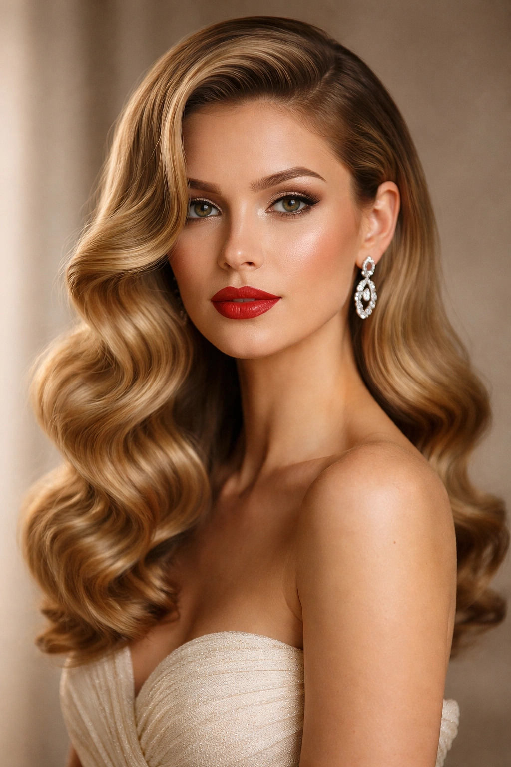 20 Wavy Haircuts For Every Length And Face Shape 19 Close-up of a woman with glossy, structured Old Hollywood waves over one shoulder