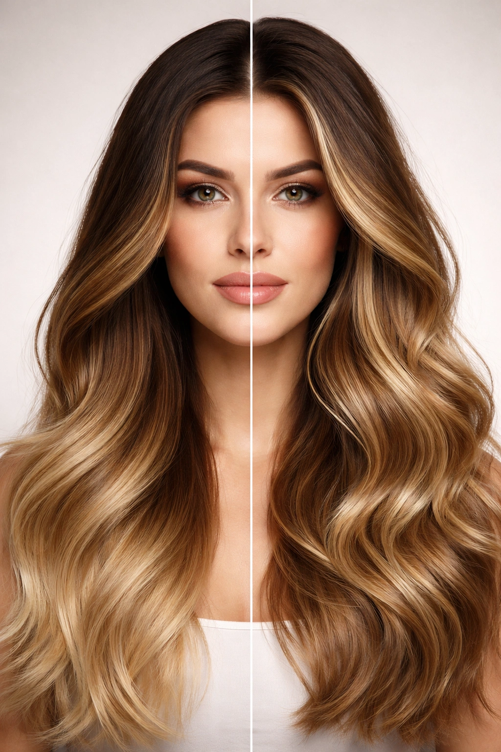 Split-view hair showing ombré gradient on one side and balayage highlights on the other