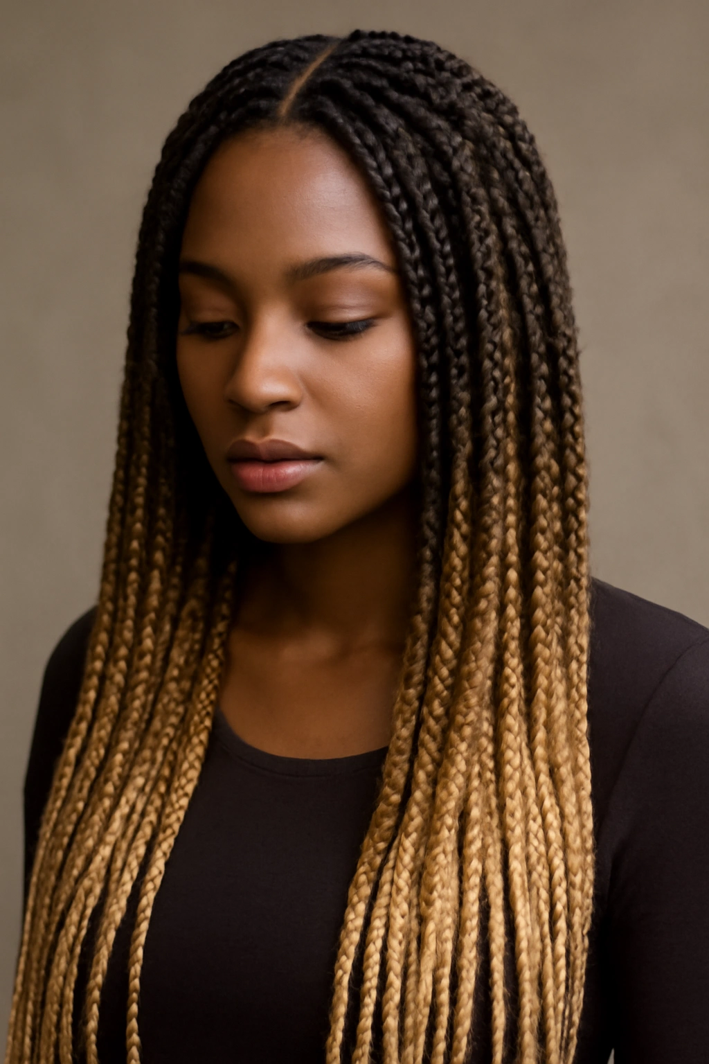 20 Box Braid Styles From Short Bobs to Waist Length 4 Ombré colored box braids with dark roots fading to lighter ends