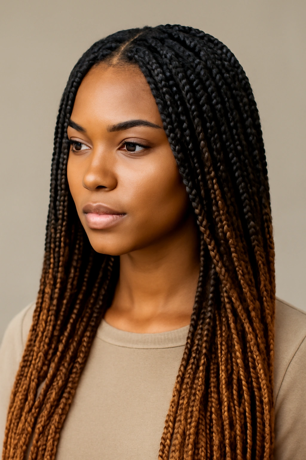 Two-tone ombre box braids showing gradual root-to-tip color transition