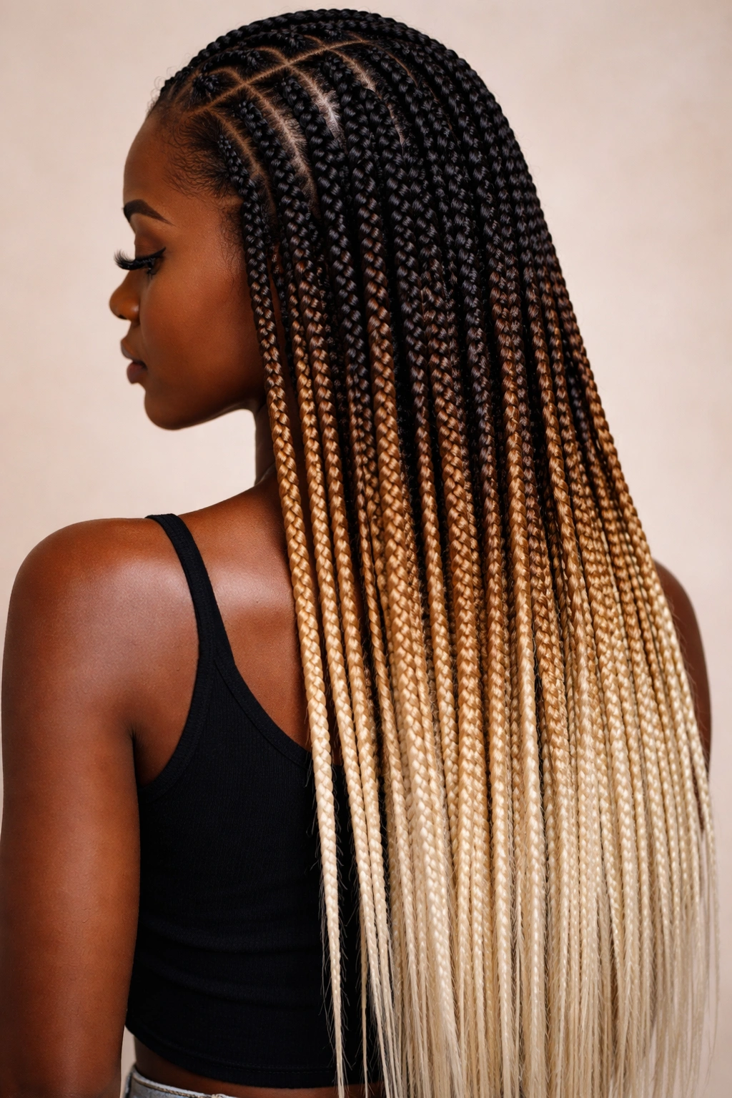 Ombré braids with a color gradient from dark roots to light ends against a neutral backdrop