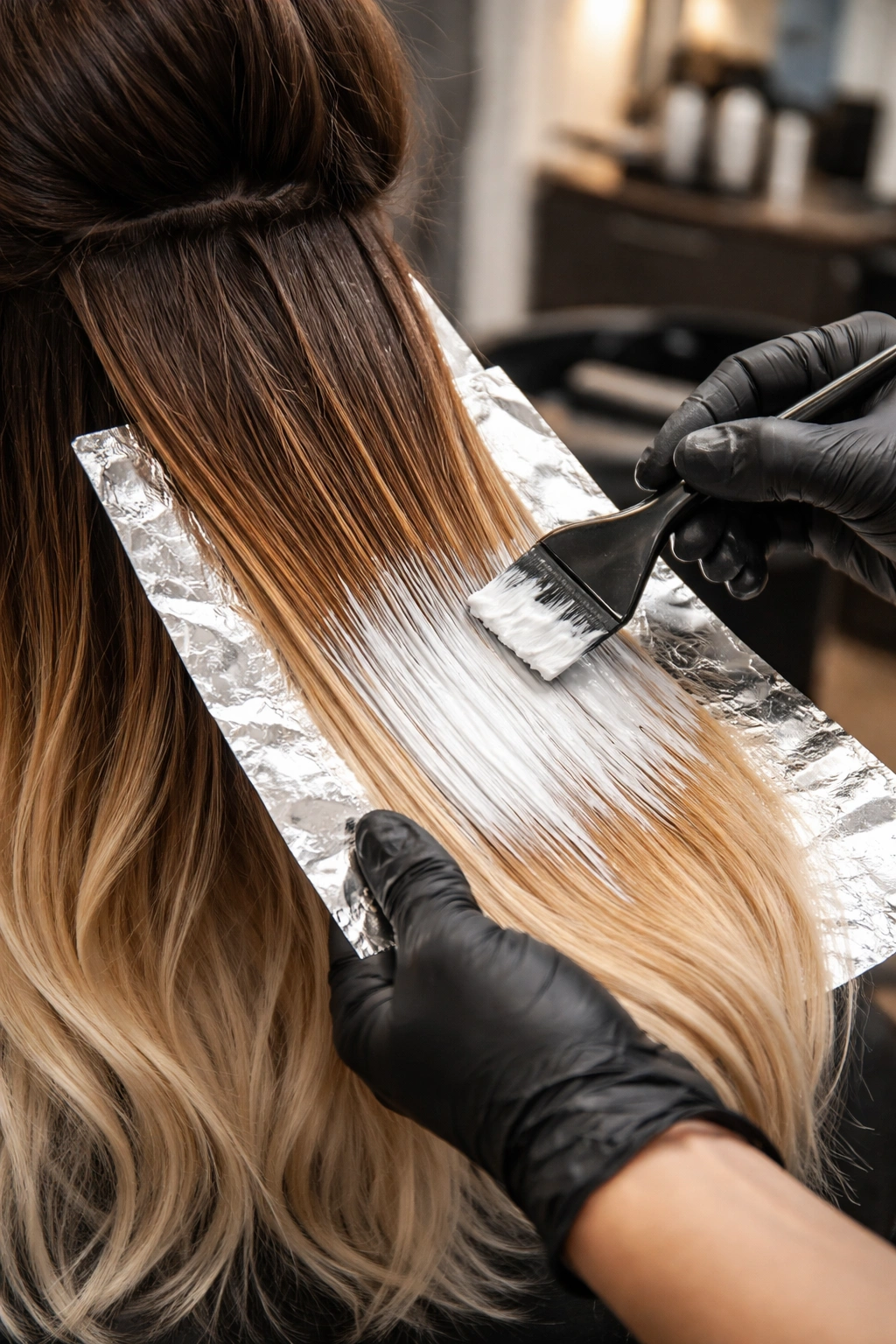 Colorist applying lightener to ends for ombré technique