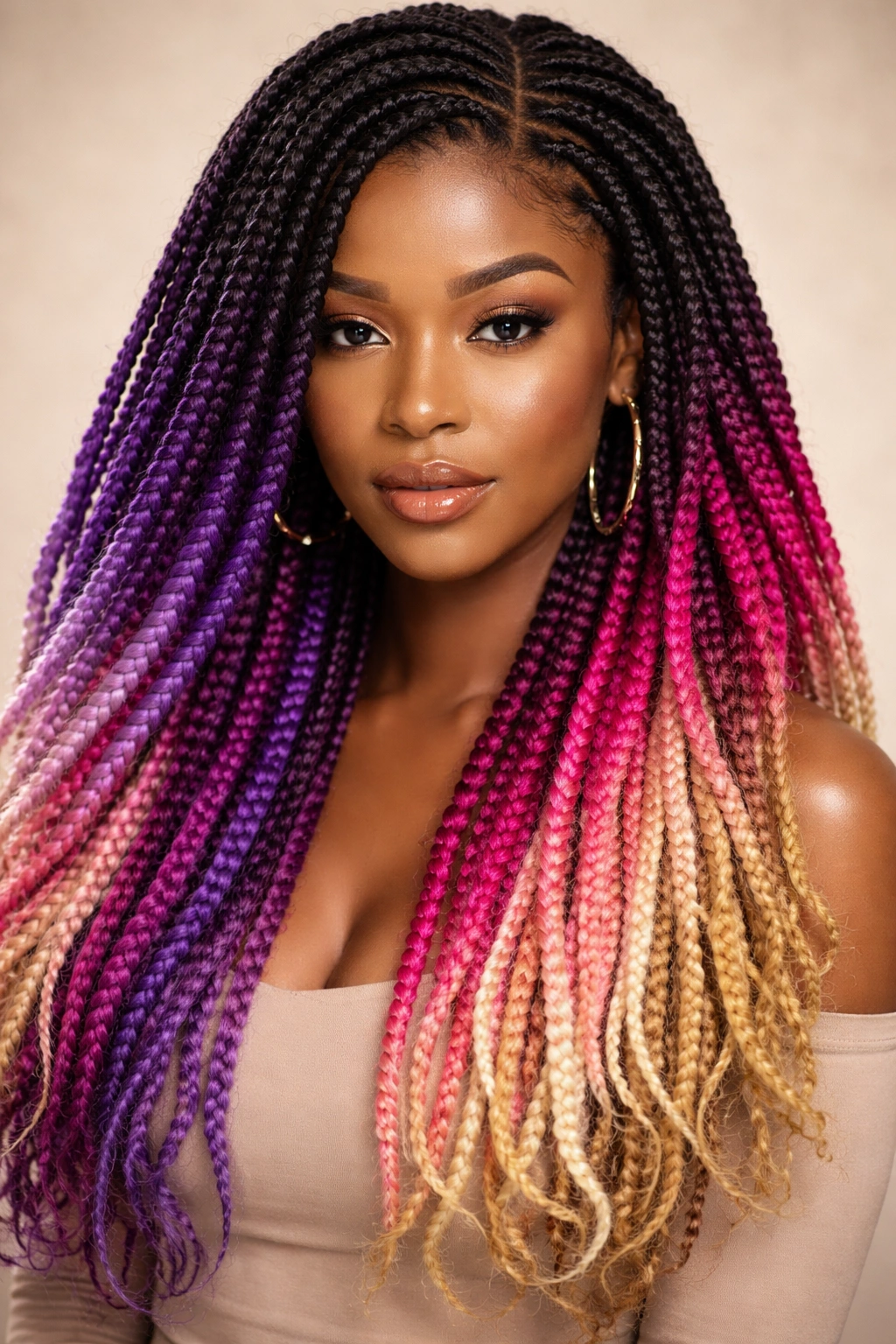 Close-up of ombre crochet braids with color transitions
