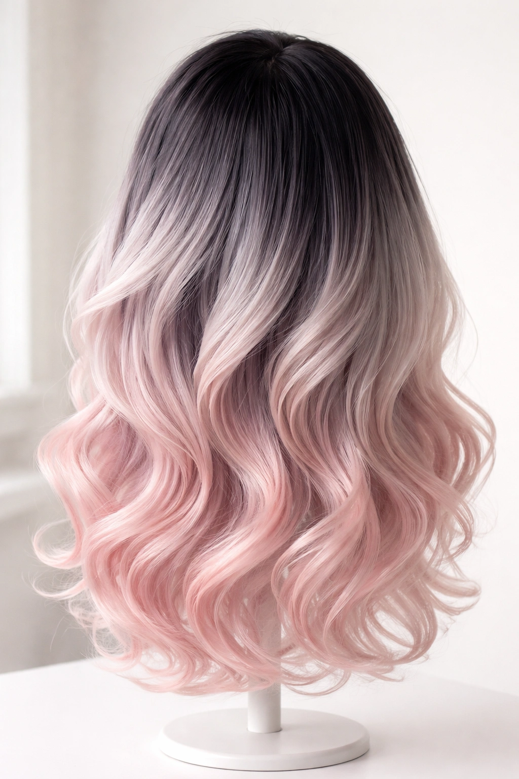 Synthetic wig showing ombre color effect from dark to light