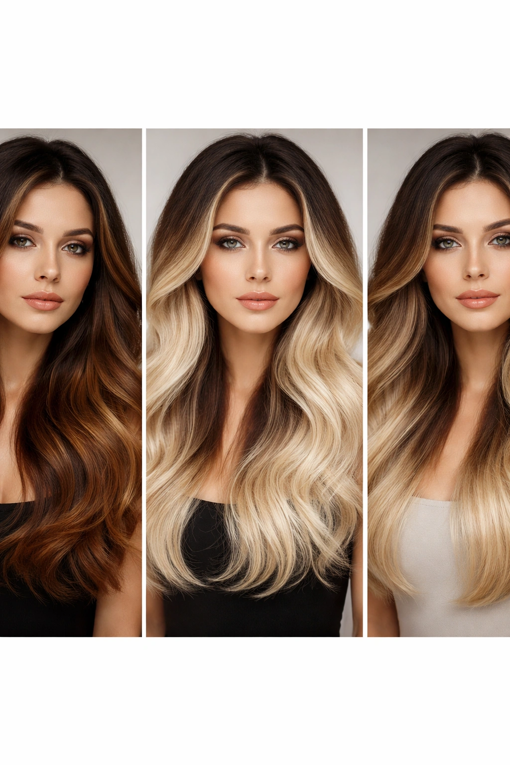 Close-up triptych of ombré hair through the decades showing dark roots fading to lighter ends across three era-inspired styles